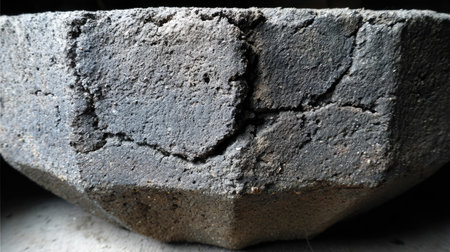 This image features a close-up view of a textured gray stone surface with visible cracks and imperfections. Natural lighting enhances the rough and earthy characteristics of the stone, making it ideal for backgrounds or artistic projects.の素材