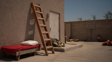 A serene outdoor setting featuring a wooden ladder against a plain wall. A simple bed and various outdoor gear create a tranquil atmosphere under bright sunlight.の素材