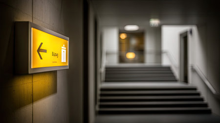This image features a vibrant yellow direction sign in a contemporary building hallway, highlighting stairs and ambient lighting, perfect for navigation themes.の素材