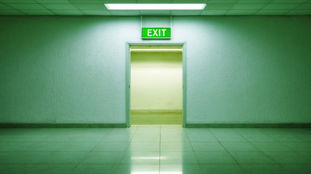A minimalistic view of an exit door in a brightly lit corridor, featuring light green walls and a glossy floor, creating a sense of tranquility and openness.の素材