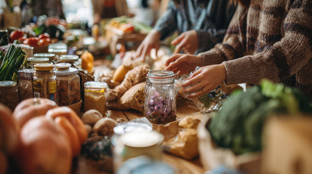 A cozy farm market scene captures hands preparing fresh organic produce on a rustic wooden table, showcasing colorful jars and vibrant ingredients.の素材