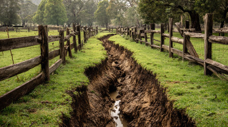 A picturesque view of an eroded pathway cutting through a green pastoral landscape, framed by wooden fences under a cloudy sky, showcasing nature's beauty.の素材