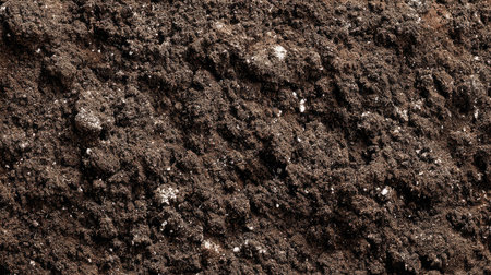 Close-up view of dark, rich soil surface displaying intricate textures and organic matter, perfect for gardening and agricultural-themed projects.の素材