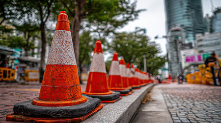 A detailed shot of a line of bright orange traffic cones set along a city street, surrounded by urban buildings and green trees. The scene captures the essence of construction safety.の素材