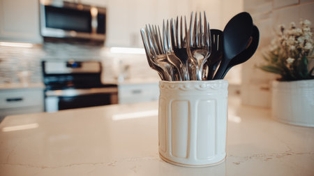 A decorative kitchen utensil holder featuring forks and spoons creates an organized and stylish look on a modern countertop in a bright interior space.の素材