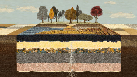 This illustration depicts a detailed cross-section of soil layers with various textures, representing the connection between vegetation above and soil health below.の素材
