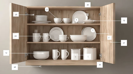 A modern wooden cabinet showcases an array of white tableware, enhancing kitchen beauty and functionality. Ideal for elegant home decor inspiration.の素材