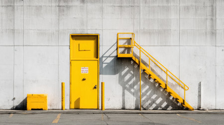 A vibrant yellow door and stairs stand against a gray concrete wall, showcasing a minimalist and modern architectural design with clear lines and shadows.の素材