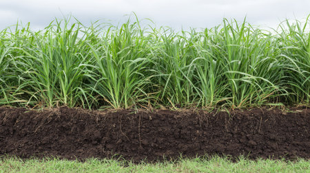 This image showcases vibrant sugarcane plants thriving in rich, dark soil beneath a cloudy sky, highlighting agricultural growth and natural beauty.の素材