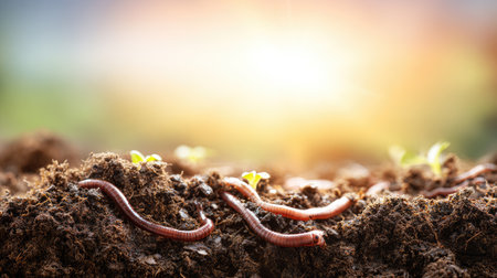 This image showcases earthworms crawling through rich soil, surrounded by healthy seedlings under warm sunlight, representing a thriving ecosystem.の素材
