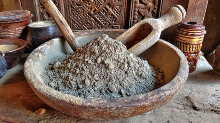A rustic scene featuring a wooden bowl filled with fine gray powder and a wooden scoop, surrounded by artisan pottery and intricate wooden decor elements.の素材