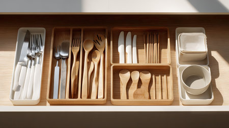 A stylish arrangement of kitchen utensils in wooden and white trays, highlighting a minimalist design that blends functionality and aesthetics.の素材