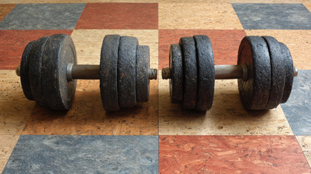 Vintage dumbbells positioned on a colorful tiled floor create an inspiring scene for fitness enthusiasts. Perfect for illustrating strength training and home workouts.の素材