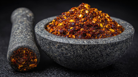 This image features a vibrant ground spice blend in a stone bowl accompanied by a pestle, showcasing the rich textures and colors ideal for culinary use.の素材