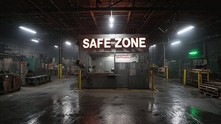This image showcases an industrial warehouse interior, prominently displaying a bright 'SAFETY ZONE' sign amidst dim lighting and organized equipment, emphasizing workplace safety.の素材