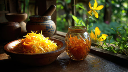 A beautiful display of freshly grated carrots in a rustic bowl with yellow flowers in the background, capturing the essence of healthy, natural ingredients.の素材