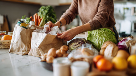 A woman is unpacking groceries in a modern kitchen, showcasing fresh vegetables and fruits on the counter, reflecting a healthy lifestyle and meal preparation.の素材