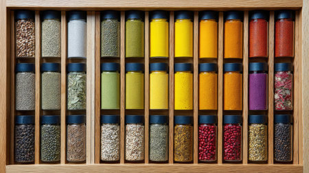 A stunning display of various spices and herbs in jars arranged on a wooden rack, showcasing a vibrant palette of colors and textures ideal for culinary use.の素材