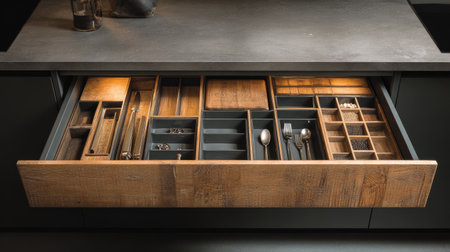 This image features a beautifully designed wooden kitchen drawer organizer filled with various compartments for utensils, cutlery, and personal items, showcasing a modern kitchen style.の素材
