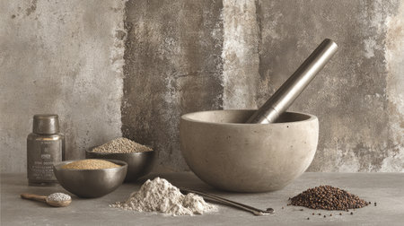 Explore a rustic kitchen scene featuring a mortar and pestle with various herbs and spices arranged artfully on a textured surface for culinary inspiration.の素材
