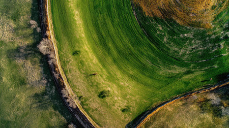 This stunning aerial image showcases vibrant green fields with unique curved patterns, revealing the beauty of rural landscapes and nature's artistry.の素材