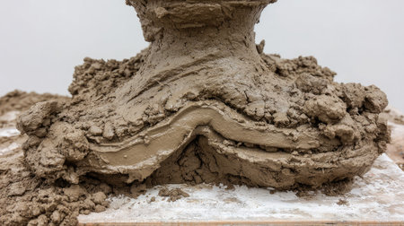 This image captures a close-up view of a clay statue in creation, showcasing the intricate details of texture and layers that exhibit artistic craftsmanship.の素材