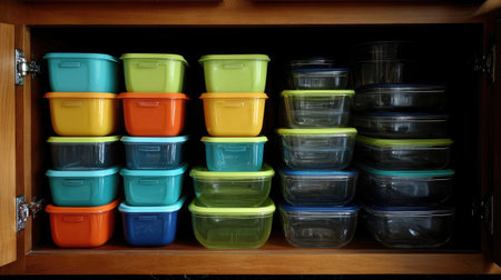 A colorful collection of food storage containers arranged neatly in a wooden cabinet, ideal for organizing your kitchen. Perfect for meal prep and keeping food fresh.の素材
