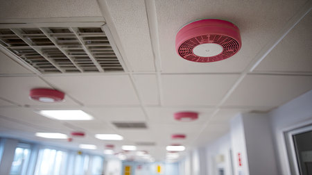 This image showcases brightly colored smoke detectors and air vents installed in a contemporary indoor environment, highlighting safety and design principles.の素材