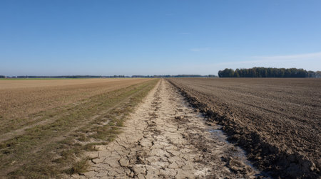 A vast agricultural landscape features dry, cracked soil under a bright blue sky. This image captures the consequences of drought, highlighting the need for sustainable farming practices and environmental awareness.の素材