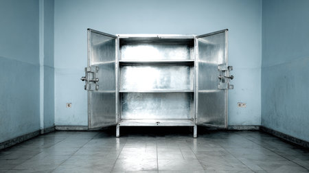 A spacious and minimalist view of an empty metallic cabinet with open doors, positioned in a room furnished with blue walls and tiled flooring. Perfect for storage and organization themes.の素材