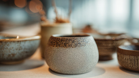 This image showcases beautifully crafted pottery pieces with unique textures and earthy tones, perfect for adding an elegant touch to any space.の素材