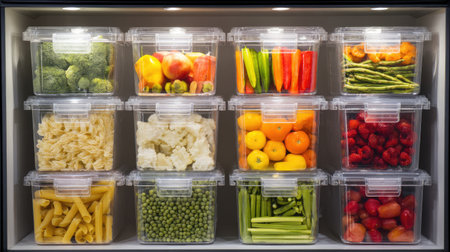 This image showcases a well-organized display of fresh fruits and vegetables stored in clear containers, promoting healthy eating and efficient meal preparation.の素材