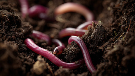 A detailed close-up showcasing vibrant earthworms wriggling in dark brown soil, highlighting the importance of these organisms in maintaining soil health and ecology.の素材