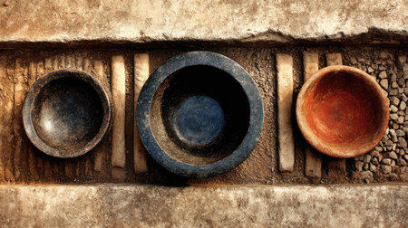 Three uniquely shaped terracotta bowls on a rustic surface highlight the beauty of handmade pottery, showcasing earthy tones and textures.の素材