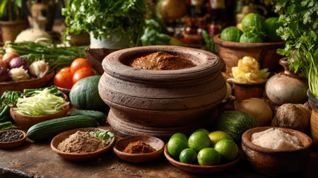 A beautifully arranged selection of fresh ingredients including herbs, spices, and vegetables, showcasing the essence of traditional cooking in a rustic kitchen.の素材