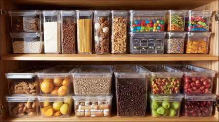This image showcases a well-organized kitchen shelf filled with clear storage containers containing an assortment of snacks, fruits, and meal essentials. Perfect for promoting healthy eating habits and kitchen organization.の素材