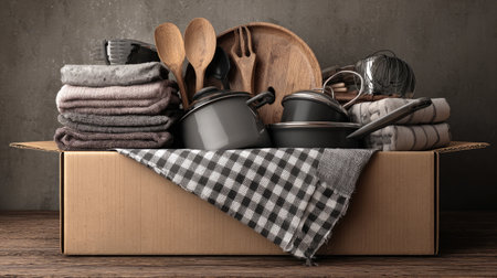 A well-organized cardboard box filled with various cooking utensils, towels, and pots, perfect for showcasing kitchen essentials in a stylish manner.の素材