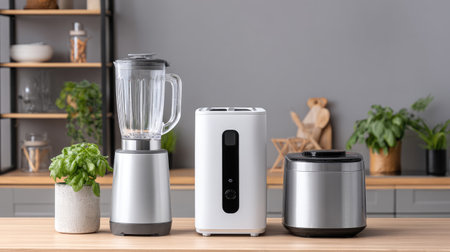 A stylish arrangement of modern kitchen appliances, including a blender, toaster, and rice cooker, set against a grey wall featuring indoor plants.の素材