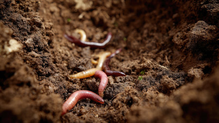 A detailed view of colorful earthworms moving through dark, rich soil highlights their role in the garden ecosystem, promoting soil health and biodiversity.の素材