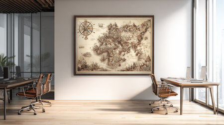 A beautifully framed vintage world map artwork enhances a modern office space, showcasing an inspiring environment filled with natural light and warm wooden decor.の素材