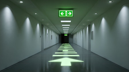 A modern hallway features illuminated exit signs and arrows on the floor, creating a visual guide for safe evacuation and emphasizing safety and clarity.の素材