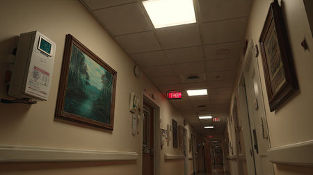 A tranquil hospital corridor featuring soft lighting and decorative artwork. The scene evokes a sense of calm and healing, suitable for health-related themes.の素材