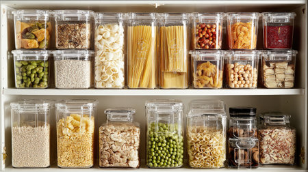 Arrange your pantry with clear storage containers that hold a variety of ingredients like grains, pasta, and snacks. Ideal for meal prep and organization.の素材
