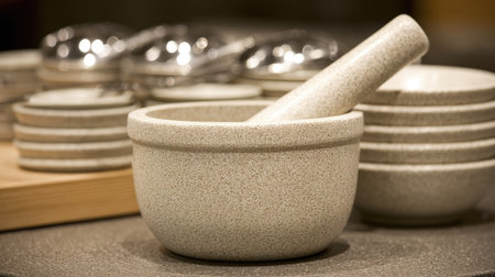 A modern mortar and pestle set featuring a textured ceramic design, perfect for grinding spices and herbs in any kitchen setting, enhancing culinary experiences.の素材