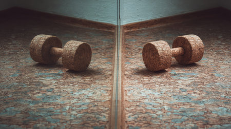 This image showcases a unique cork dumbbell reflecting on a wooden floor, illustrating fitness and wellness in a serene environment. The natural materials enhance the aesthetic appeal of a home gym space.の素材