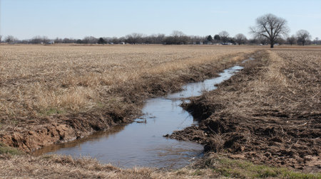This image showcases a tranquil rural landscape with a shallow stream meandering through a dry agricultural field under a clear blue sky, reflecting serenity.の素材