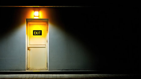 A striking image of an illuminated exit door in a dark hallway, creating an atmosphere of mystery while highlighting themes of safety and solitude at night.の素材