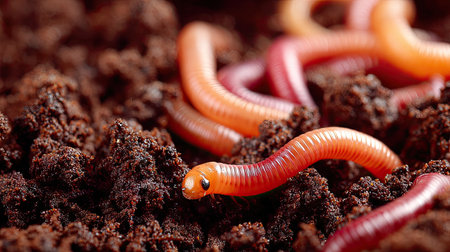 This close-up image showcases red earthworms wriggling over dark, rich soil, highlighting their vital role in soil health and organic agriculture.の素材