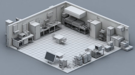 An intricate 3D rendering showcasing a fully equipped industrial kitchen, featuring various cooking appliances, workstations, and meticulous layout. Ideal for culinary professionals.の素材