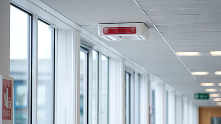 A bright red emergency alarm light mounted on the ceiling of a modern office corridor, featuring large windows that enhance the minimalist design and safety features.の素材